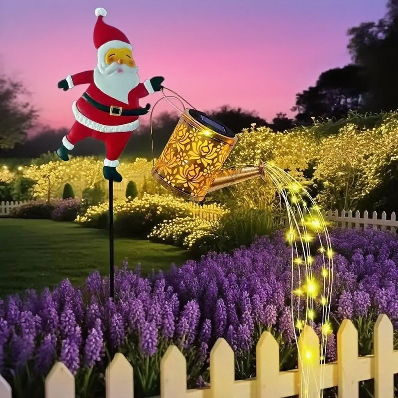 Christmas Solar Santa Kettle Light & Lantern Garden Decor Collection - Waterproof LED Watering Can & Lantern Stake