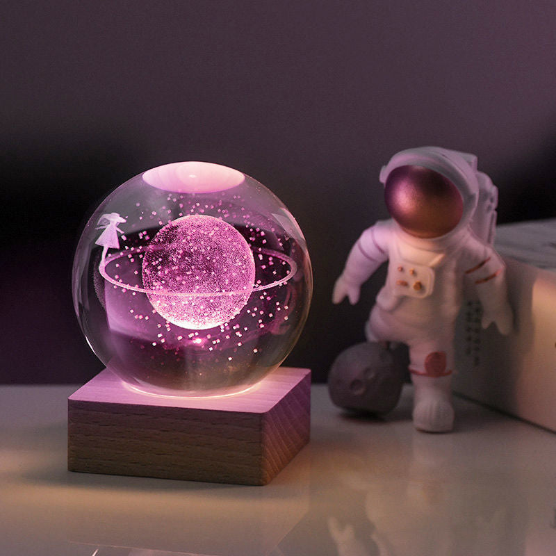 3D Crystal Ball Night Light - Laser Engraved K9 Solar System & Galaxy Sphere | LED Wooden Base Bedside Sconce