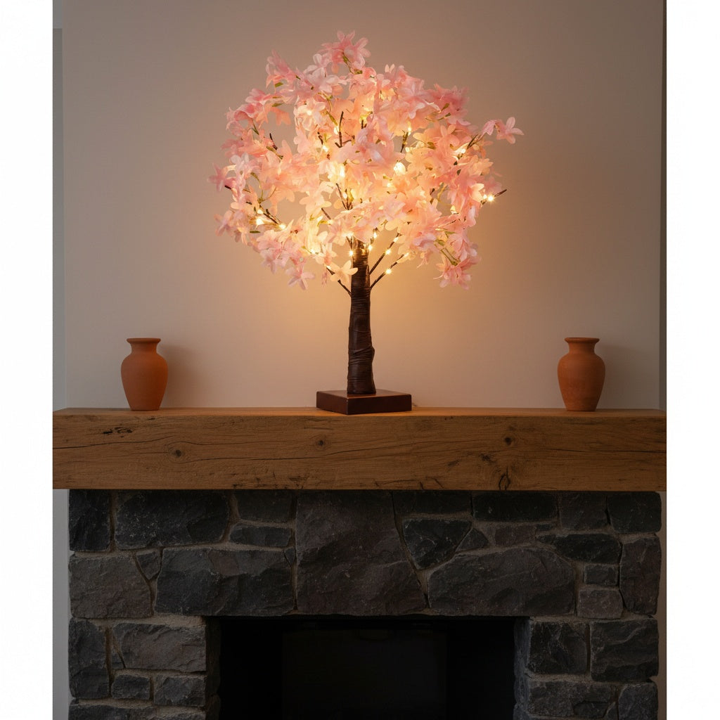 Pink Cherry Blossom Tree Lamp – Battery-Powered Warm LED Floral Accent Light