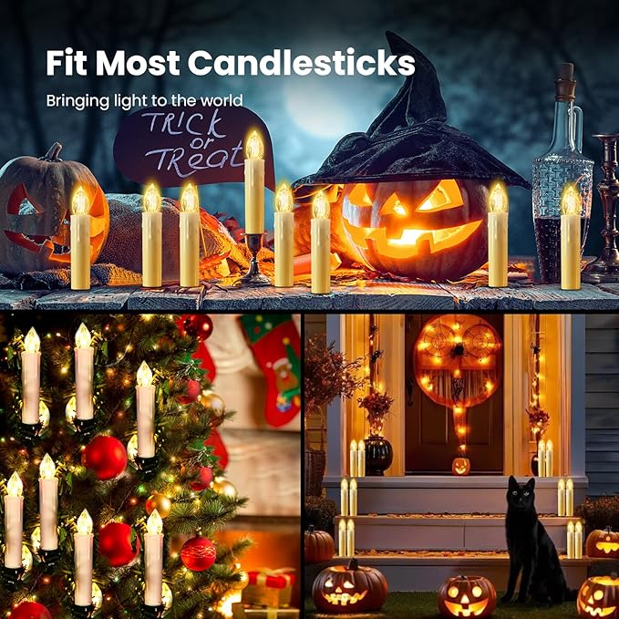 Wireless Flameless Christmas Tree Candles - 10-Pack Remote Control LED Taper Lights | Window Suction & Floating Candle Clips