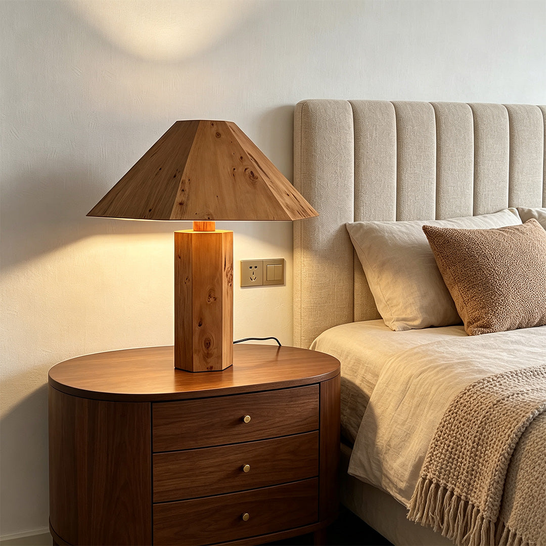 Vintage Wooden Table Lamp – Burl Wood Wabi-Sabi Cone Accent & Ambient Light
