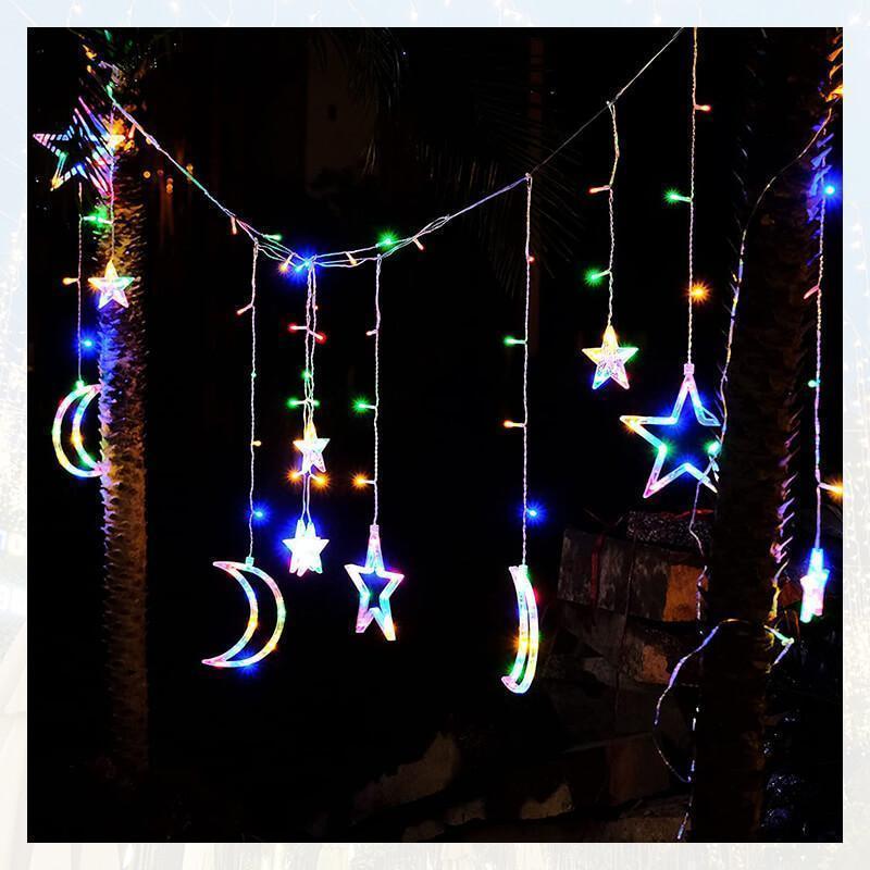 LED Solar Garden Ambient Light - Waterproof Star & Moon Curtain Garland | Smart Remote Control Patio String Lights | Warm White & RGB