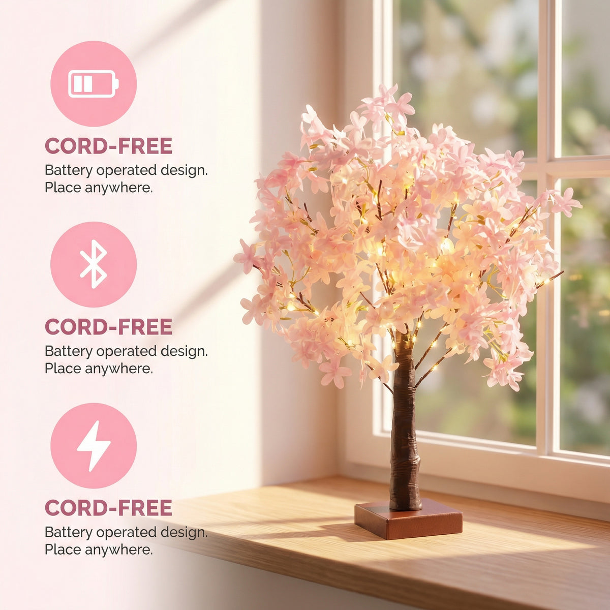 Pink Cherry Blossom Tree Lamp – Battery-Powered Warm LED Floral Accent Light