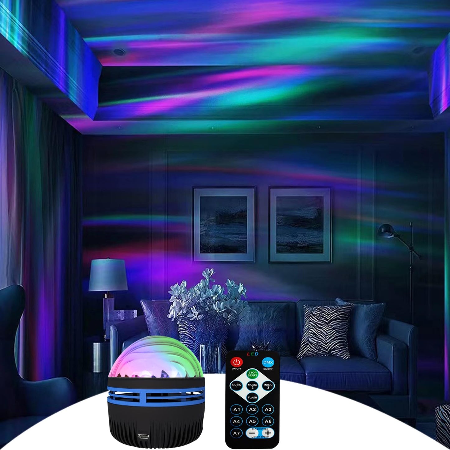 Northern Lights & Ocean Wave Projector - Multi-Color LED Aurora Galaxy Night Light | Sound-Activated Bluetooth Ceiling Lamp