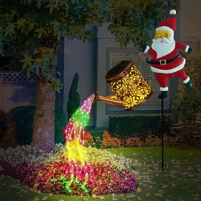 Christmas Solar Santa Kettle Light & Lantern Garden Decor Collection - Waterproof LED Watering Can & Lantern Stake