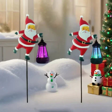 Christmas Solar Santa Kettle Light & Lantern Garden Decor Collection - Waterproof LED Watering Can & Lantern Stake