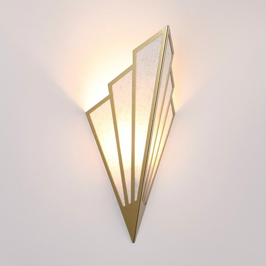Art Deco Steampunk Lamp - Geometric Brass Fan Frame & Textured Linen Wall Sconce