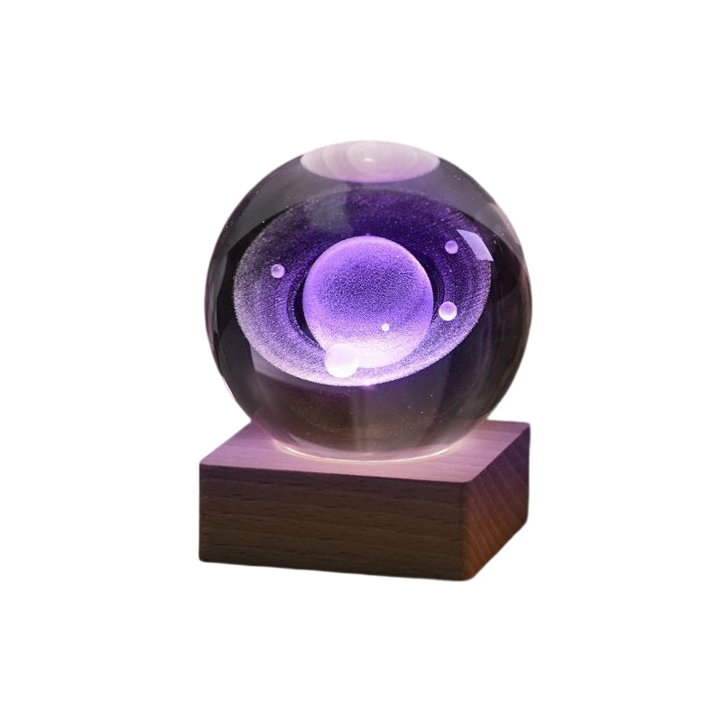 3D Crystal Ball Night Light - Laser Engraved K9 Solar System & Galaxy Sphere | LED Wooden Base Bedside Sconce