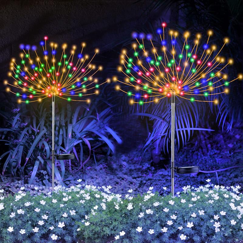 Waterproof Solar Garden Fireworks Lamp - DIY Shape Outdoor Dandelion Fairy Light | IP65 Wireless Lawn Stake | Warm White & RGB
