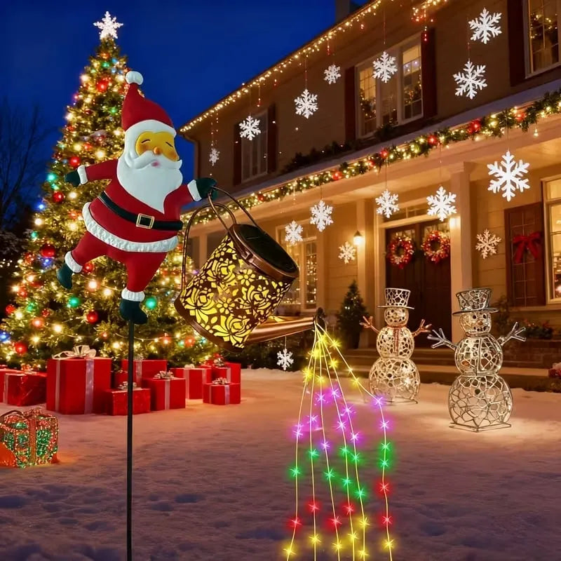 Christmas Solar Santa Kettle Light & Lantern Garden Decor Collection - Waterproof LED Watering Can & Lantern Stake
