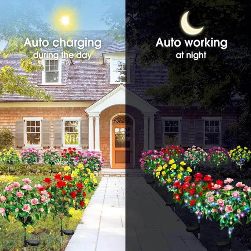 EVEDIOR Solar Azalea Flower Lights - Dual Mode Warm & RGB Outdoor Garden Stake | IP-Rated Waterproof Floral Pathway Sconce