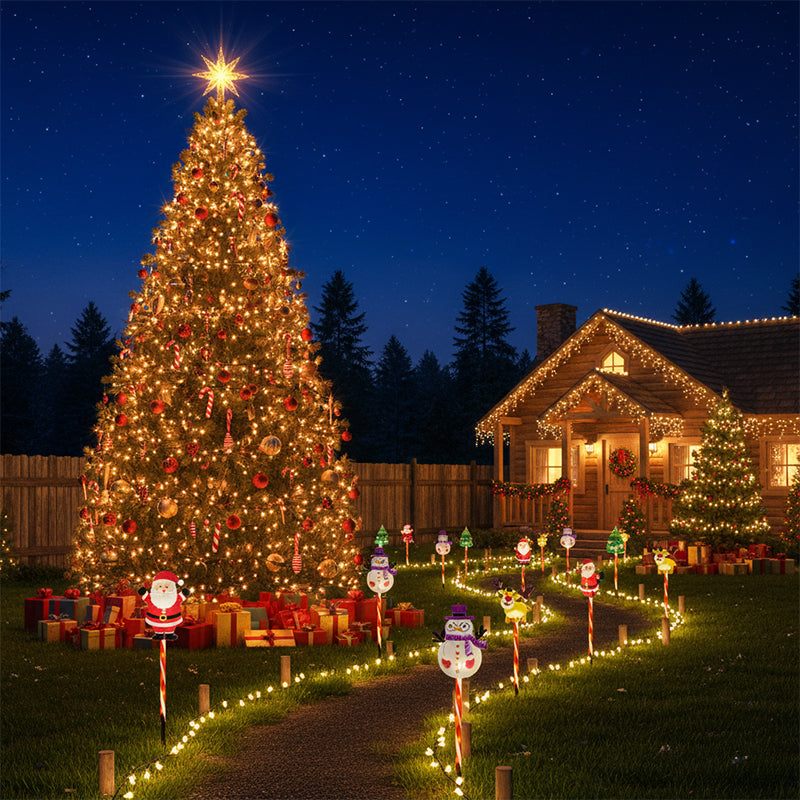 6-Pack Solar Christmas Decorative Lights - Waterproof LED Landscape Pathway Stakes | Hybrid Battery & Solar Yard Ornaments