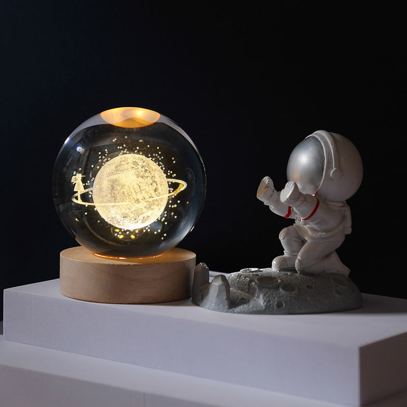 3D Crystal Ball Night Light - Laser Engraved K9 Solar System & Galaxy Sphere | LED Wooden Base Bedside Sconce