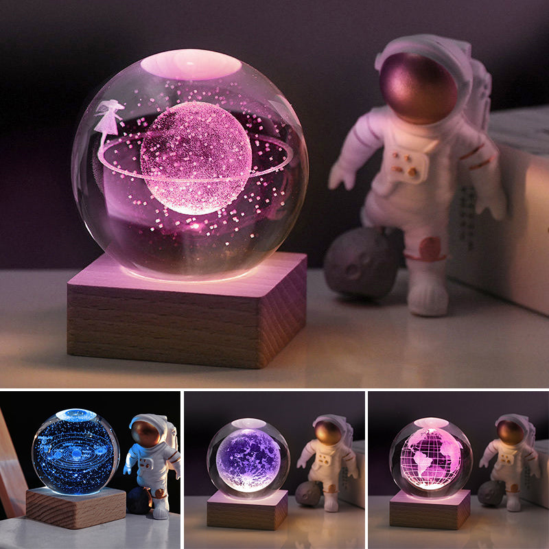 3D Crystal Ball Night Light - Laser Engraved K9 Solar System & Galaxy Sphere | LED Wooden Base Bedside Sconce