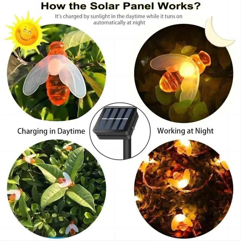 Solar LED Bee String Lights - Waterproof Honeybee Fairy Lights | 8-Mode Outdoor Accent Garland | Warm White & Colorful RGB