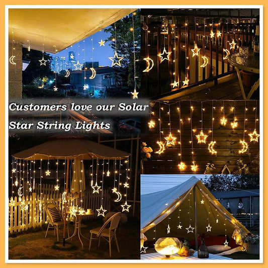 LED Solar Garden Ambient Light - Waterproof Star & Moon Curtain Garland | Smart Remote Control Patio String Lights | Warm White & RGB