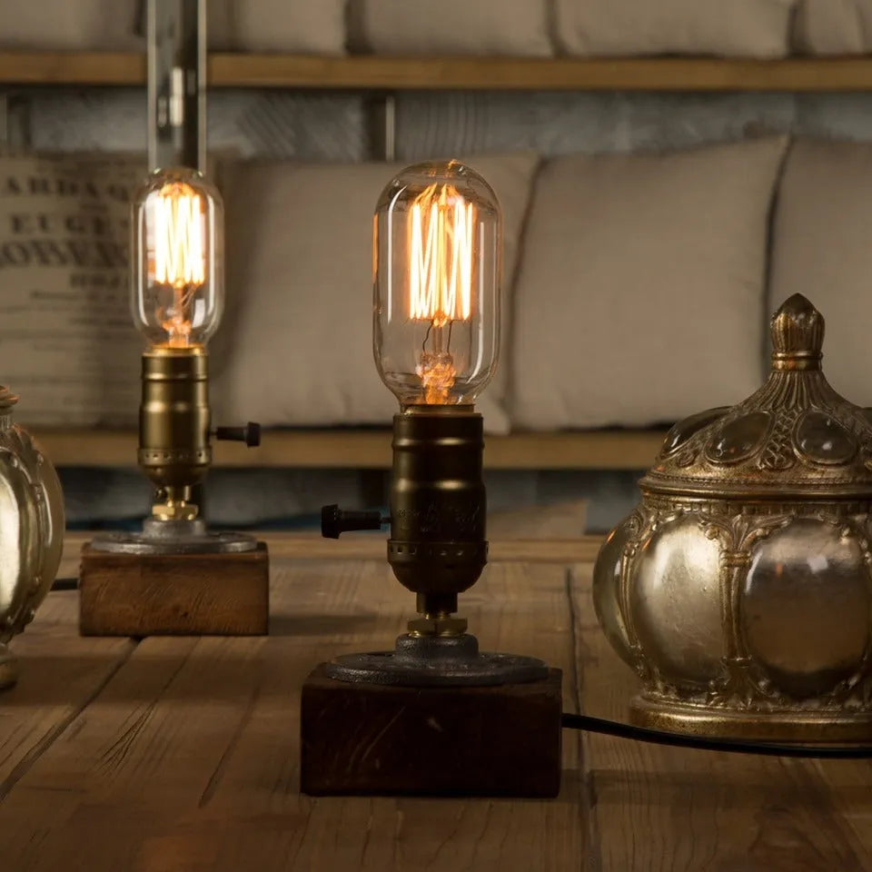 Steampunk Industrial Wooden Block Table Lamp - Solid Wood Base & Antique Brass Edison Desk Lamp