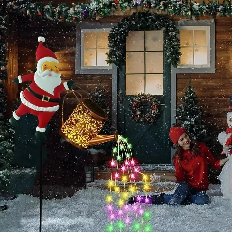 Christmas Solar Santa Kettle Light & Lantern Garden Decor Collection - Waterproof LED Watering Can & Lantern Stake