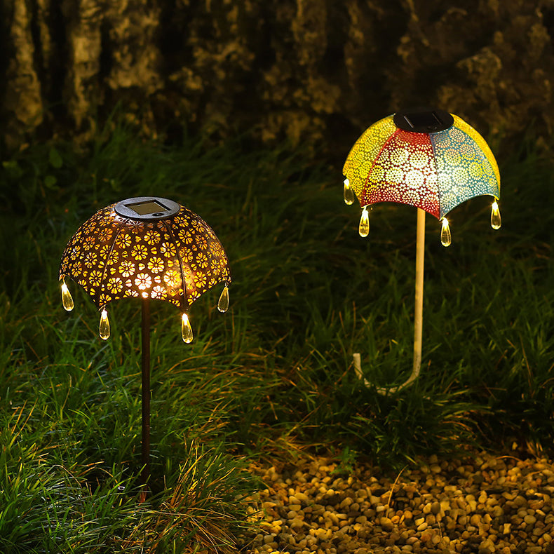 Umbrella Shaped Solar Light Garden Decor - Retro Cutout Metal Landscape Lamp | IP-Rated Waterproof Patio Sconce | Warm White