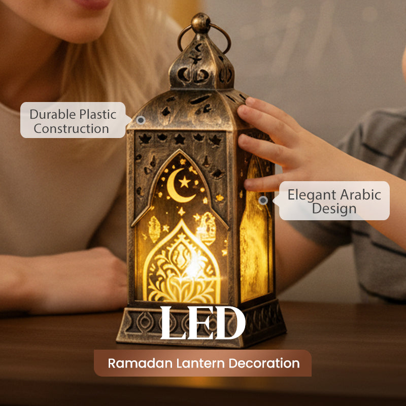 LED Ramadan Lantern Decorations - Traditional Arabic Eid Tabletop Light | Hanging Candle Sconce Party Centerpiece | Gold & Bronze