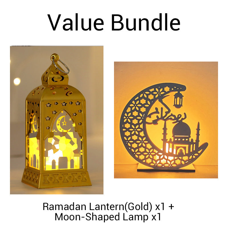 LED Ramadan Lantern Decorations - Traditional Arabic Eid Tabletop Light | Hanging Candle Sconce Party Centerpiece | Gold & Bronze