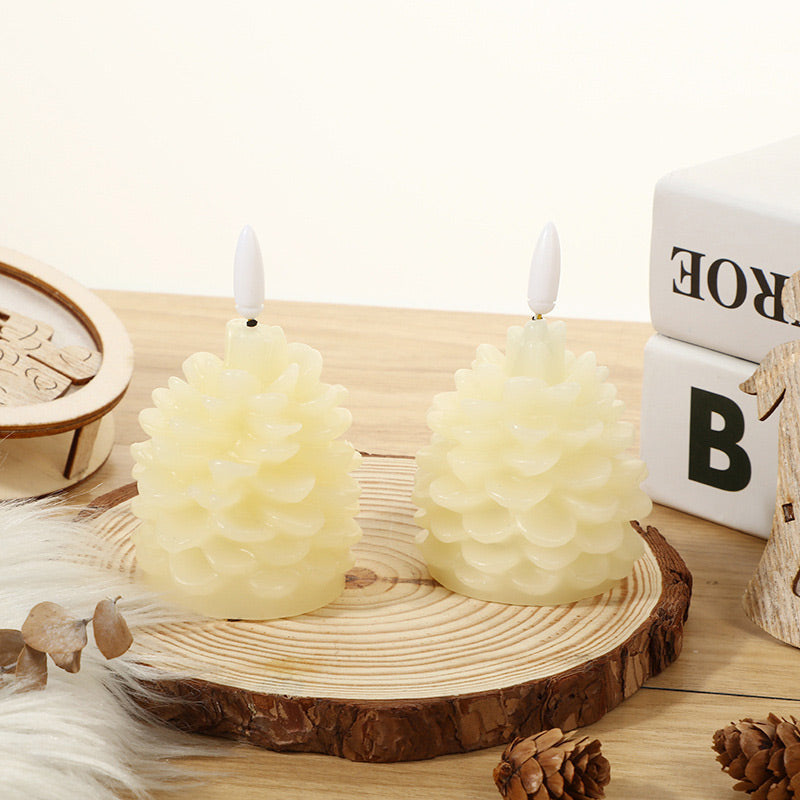Flameless LED Pine Cone Candles - Real Paraffin Wax Flickering Holiday Lamp | Battery Operated Winter Accent Light | Brown & White