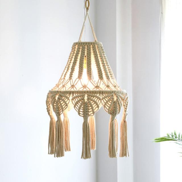 Handwoven Macrame Chandelier - Natural Cotton Fringe Pendant Light Cover | Bohemian Nursery & Living Room Hanging Lamp Shade