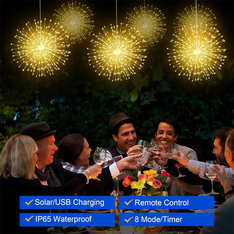 Solar Firework String Lights - Copper Wire Starburst Hanging Garland | IP65 Waterproof Yard & Party Light
