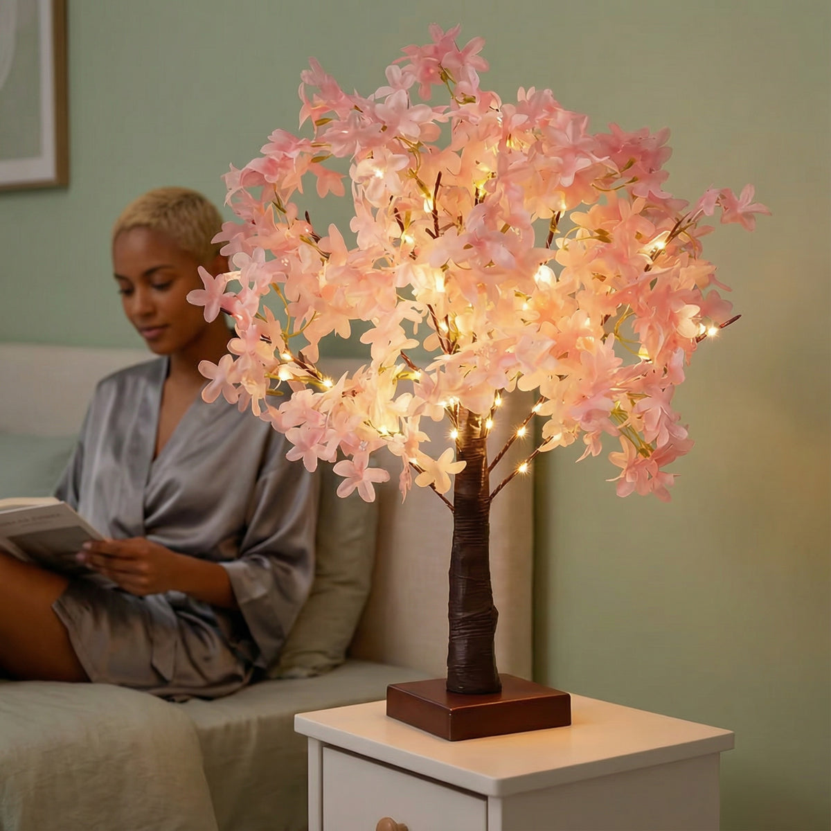 Pink Cherry Blossom Tree Lamp – Battery-Powered Warm LED Floral Accent Light