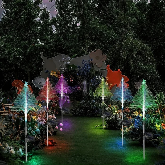 7 Color Changing Solar Christmas Tree Lights - Fiber Optic Outdoor Stake Sconce | IP65 Waterproof Holiday Garden Pathway Light