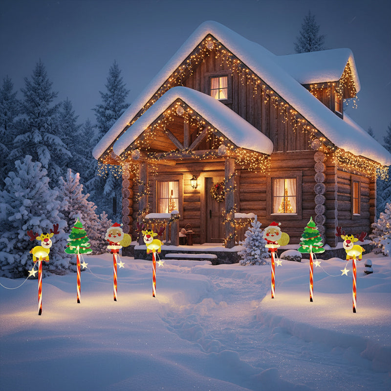 6-Pack Solar Christmas Decorative Lights - Waterproof LED Landscape Pathway Stakes | Hybrid Battery & Solar Yard Ornaments