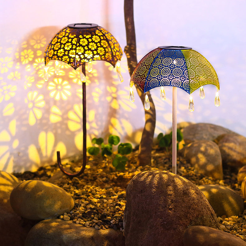 Umbrella Shaped Solar Light Garden Decor - Retro Cutout Metal Landscape Lamp | IP-Rated Waterproof Patio Sconce | Warm White