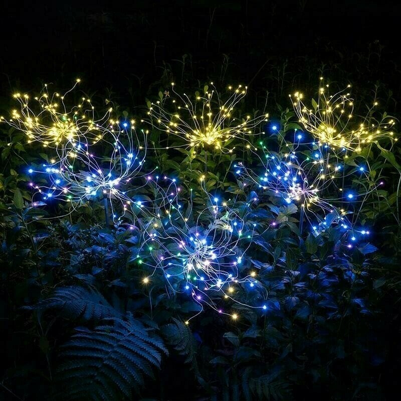 Waterproof Solar Garden Fireworks Lamp - DIY Shape Outdoor Dandelion Fairy Light | IP65 Wireless Lawn Stake | Warm White & RGB