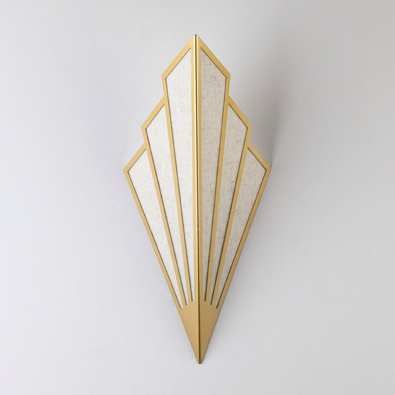 Art Deco Steampunk Lamp - Geometric Brass Fan Frame & Textured Linen Wall Sconce
