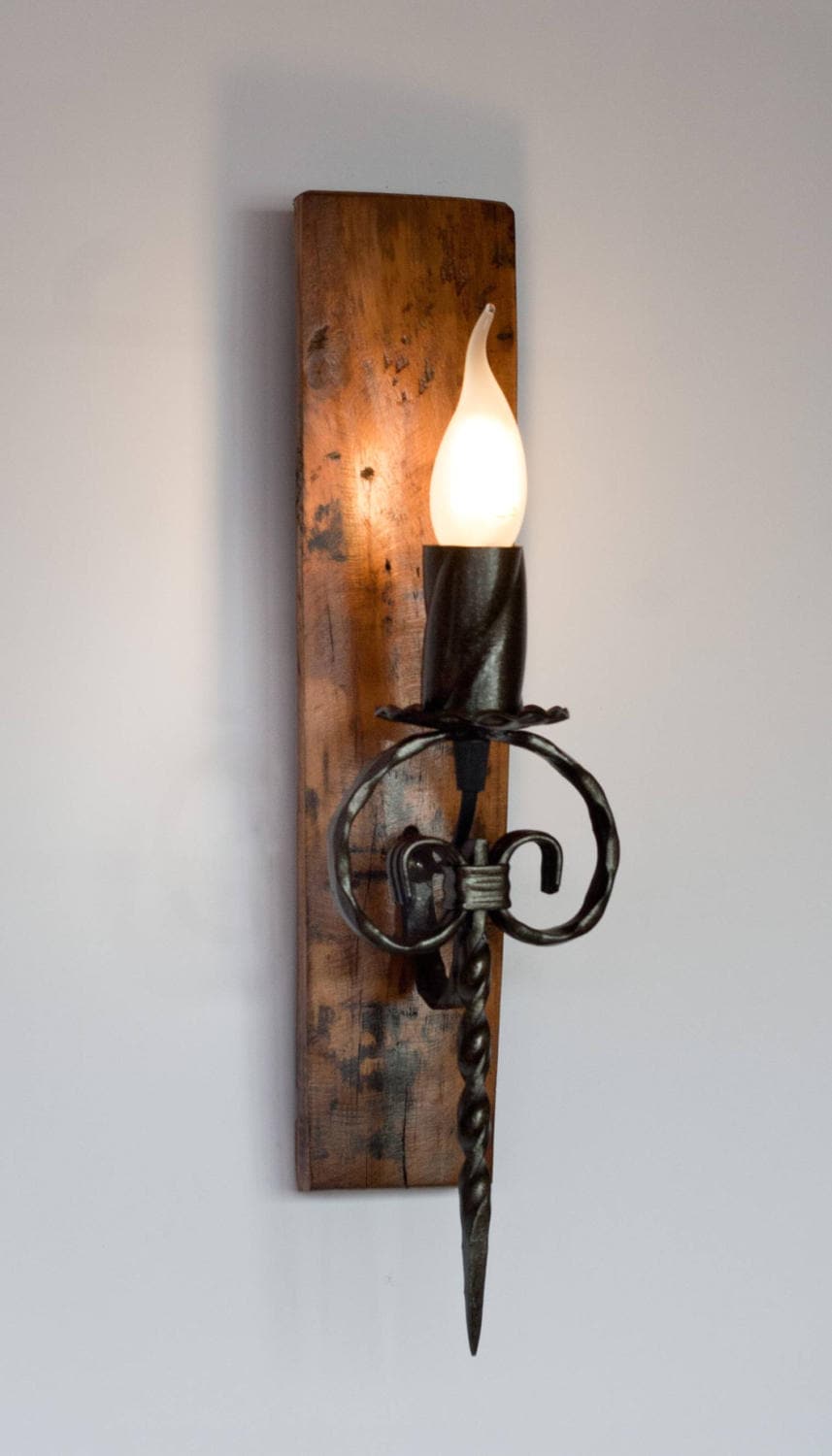 Rustic Wall Lamp - Reclaimed Oak Wine Barrel Stave & Wrought Iron Wall Sconce