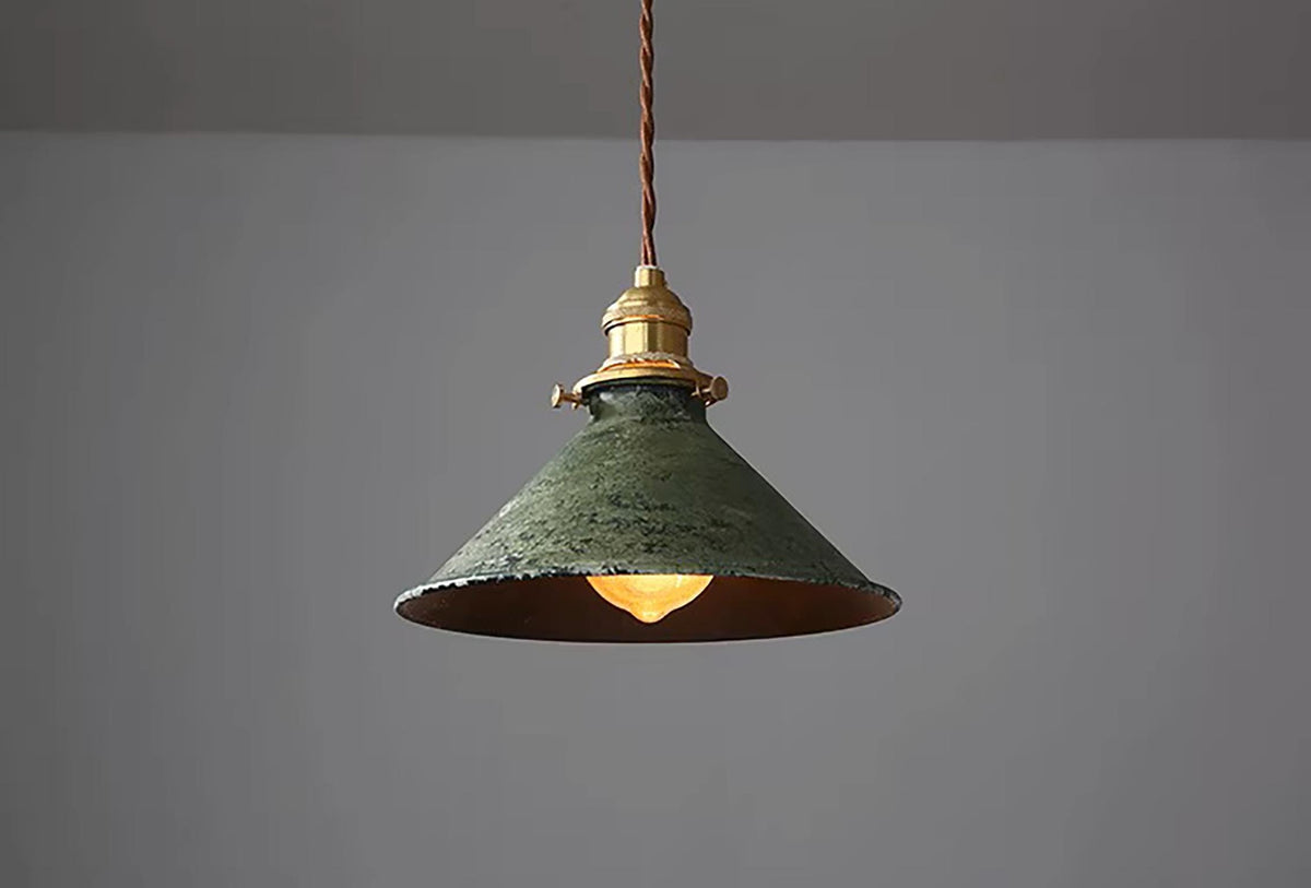 Blue Rustic Vintage Pendant Light - Hand-Painted Distressed Metal Shade & Brass Fitting Pendant