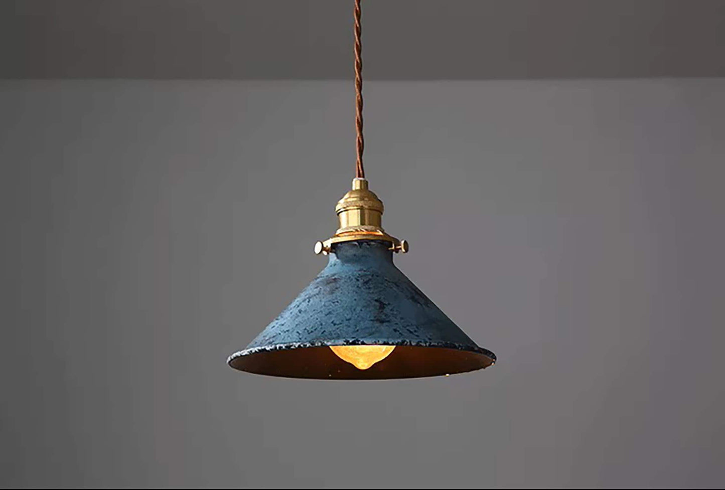 Blue Rustic Vintage Pendant Light - Hand-Painted Distressed Metal Shade & Brass Fitting Pendant