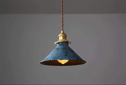 Blue Rustic Vintage Pendant Light - Hand-Painted Distressed Metal Shade & Brass Fitting Pendant