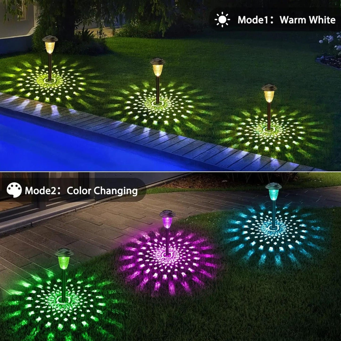 Solar Garden Stake Lights 12-Pack - RGB Color Changing & Warm White Waterproof Path Lights