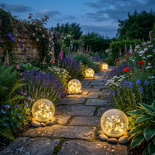 Solar Garden Globe Lights - Waterproof Cracked Glass LED Pathway Lighting