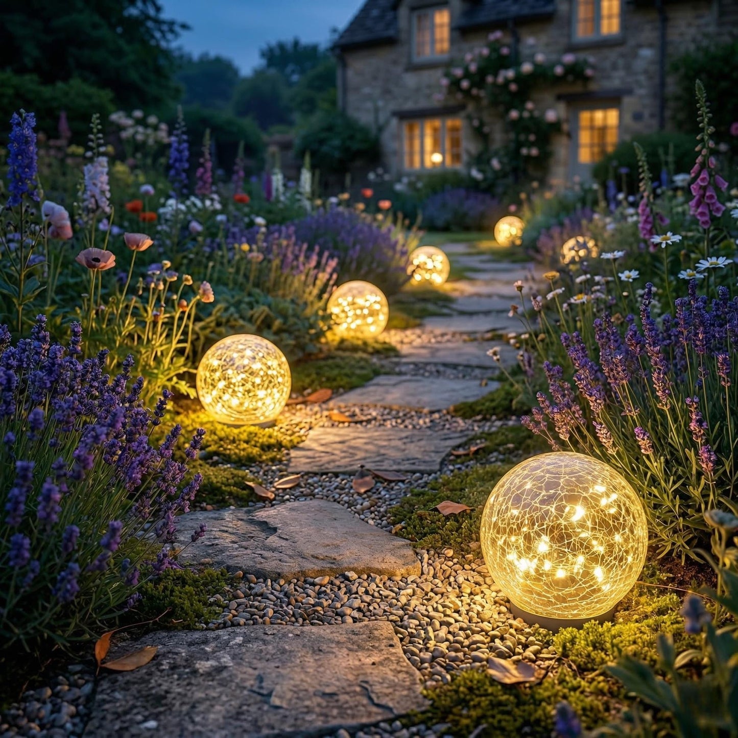 Solar Garden Globe Lights - Waterproof Cracked Glass LED Pathway Lighting