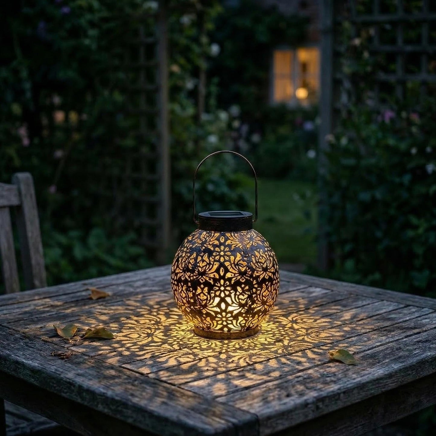 Solar Hanging Lantern - Spherical Metal Garden Light with Pattern Projection