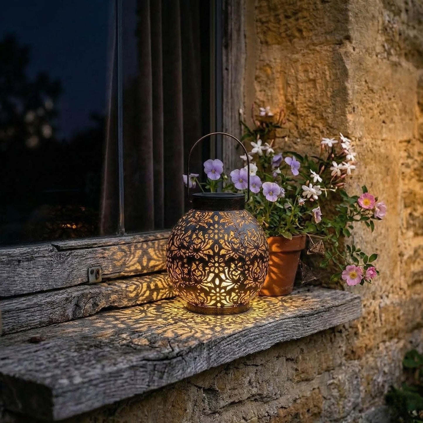 Solar Hanging Lantern - Spherical Metal Garden Light with Pattern Projection