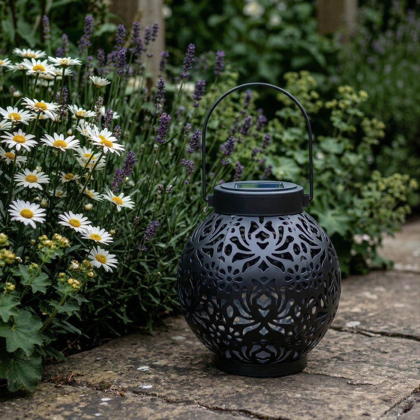 Solar Hanging Lantern - Spherical Metal Garden Light with Pattern Projection