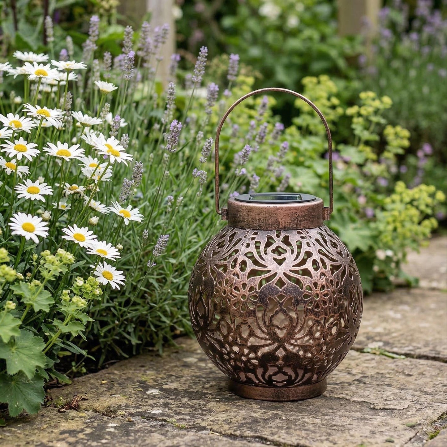 Solar Hanging Lantern - Spherical Metal Garden Light with Pattern Projection