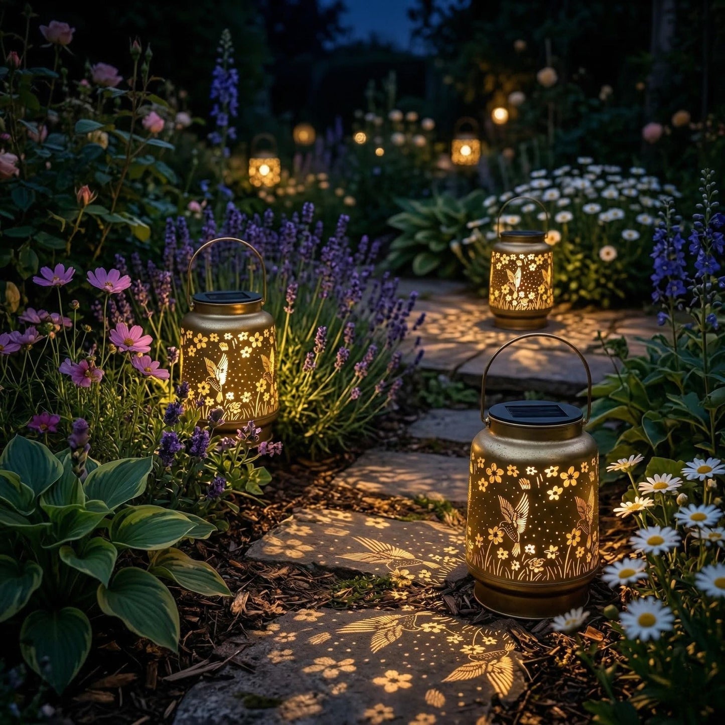 Solar Hummingbird Lantern - Vintage Antique Bronze LED Garden Light