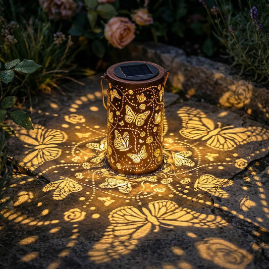 Solar Butterfly Lantern - Vintage Metal Garden Light with Butterfly & Floral Projection