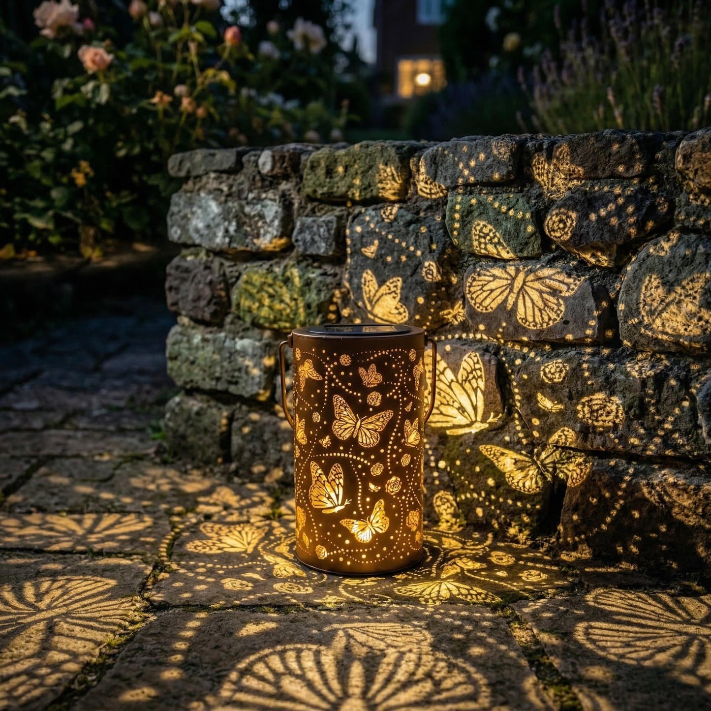 Solar Butterfly Lantern - Vintage Metal Garden Light with Butterfly & Floral Projection