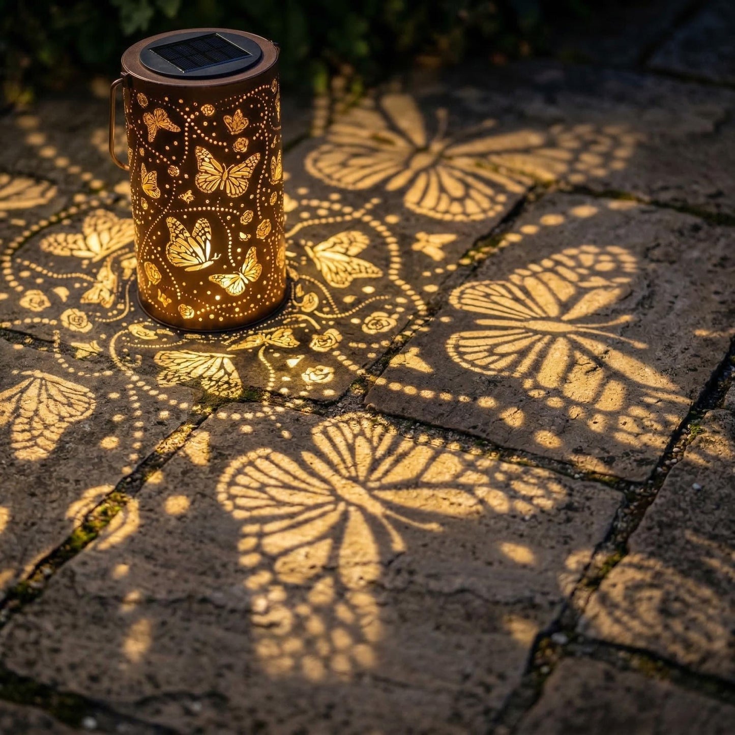 Solar Butterfly Lantern - Vintage Metal Garden Light with Butterfly & Floral Projection