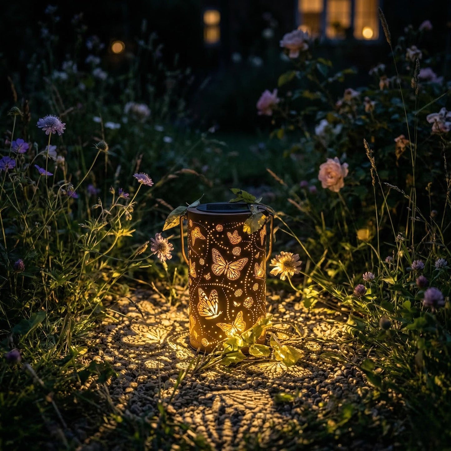 Solar Butterfly Lantern - Vintage Metal Garden Light with Butterfly & Floral Projection